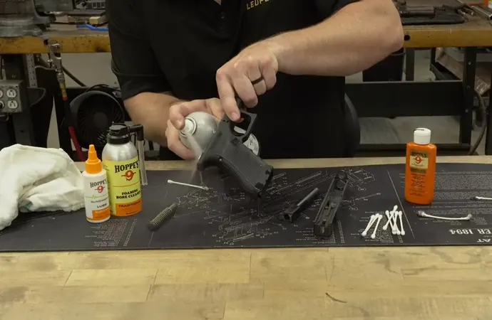 Cleaning solvents are used to remove residue from the gun barrel Cleaning solvents are used to remove residue from the gun barrel