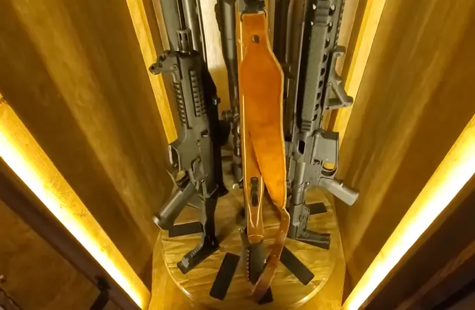 Gun safes usually look like a metal safe.